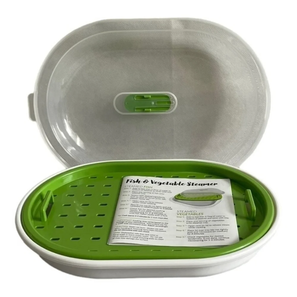 Microwave Fish Veggie Steamer Green White 12.5